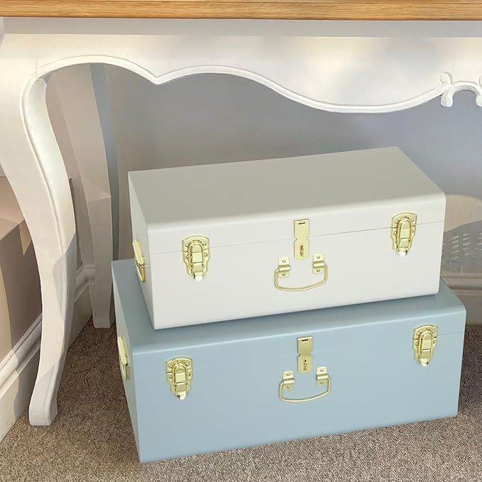 Vixdonos Decorative Large Metal Box Storage Trunk Chest Set of 2 College Dorm Organizer with Hardware Hasps and Handle for Home Deocr,23.7X14.2X9.5 Inches(White and Blue)