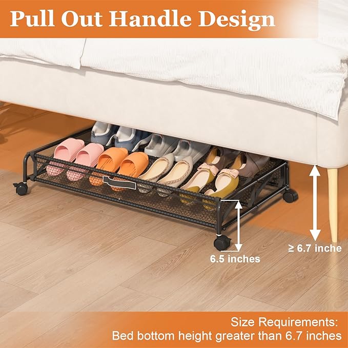 Under Bed Shoe Storage Organizer, Rolling Under Bed Storage Containers with Wheels, Under Bed Shoe Organizer Drawer Space Saving for bedroom