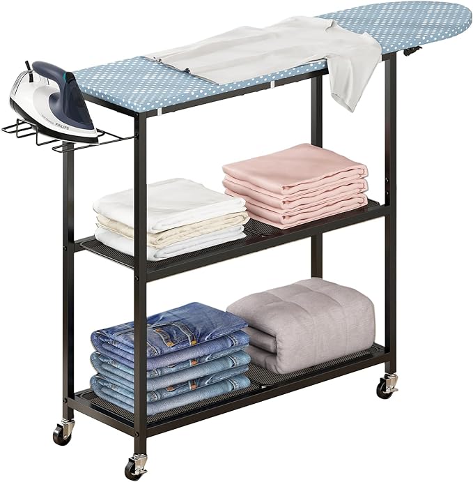 GILLAS Ironing Board with 2 Tier Storage Basket, Movable Ironing Board Full Size for Iron Rest & Clothes, Tabletop Ironing Boards, Ironing Stand Iron Boards Ironing Table Rustic Blue