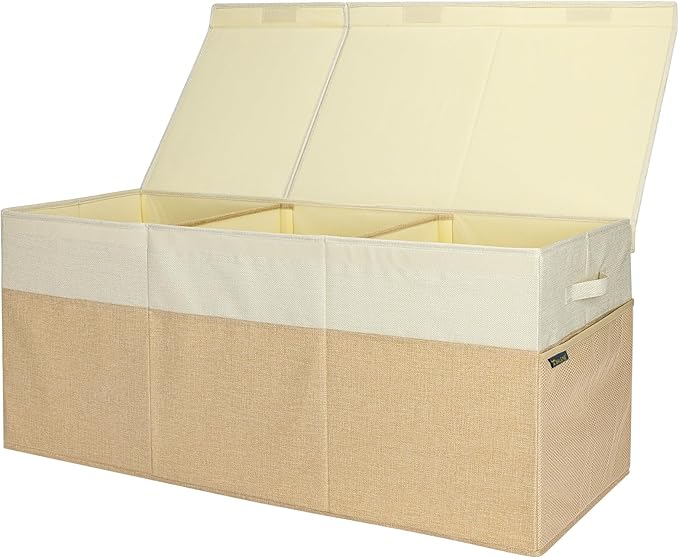 BALEINE Fabric Storage Bins with Lid, Collapsible Extra Large Storage Boxes Bins Baskets with Divider for Home Organizing (37.5"x13"x16", Khaki&Beige)