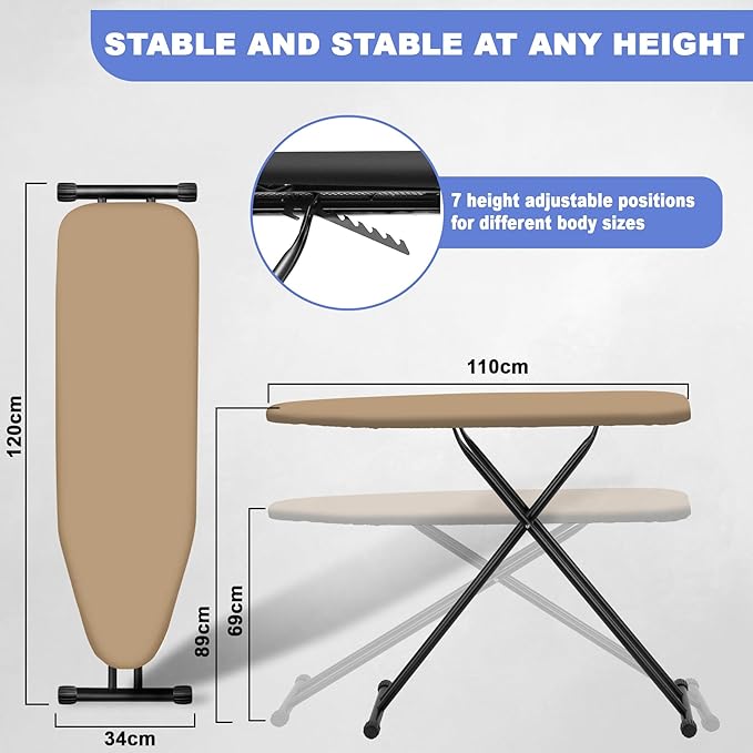 Ironing Board, Compact Ironing Board 13x43 Ironing Area with Extra Thick Heavy Duty Padded Cover, Stable Structure, Easy to Fold,Iron Mat, Brown