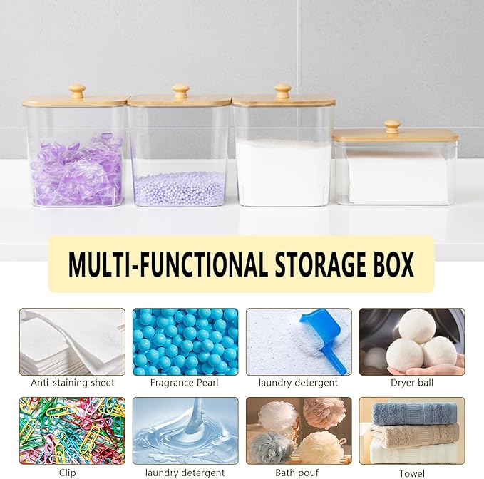 Laundry Storage Containers - Large Detergent Powder Storage with Wooden Lids & Labels, Laundry Pods Holder for Scent Booster, Powder & Pods, Laundry Room Organization 3+1 Pack