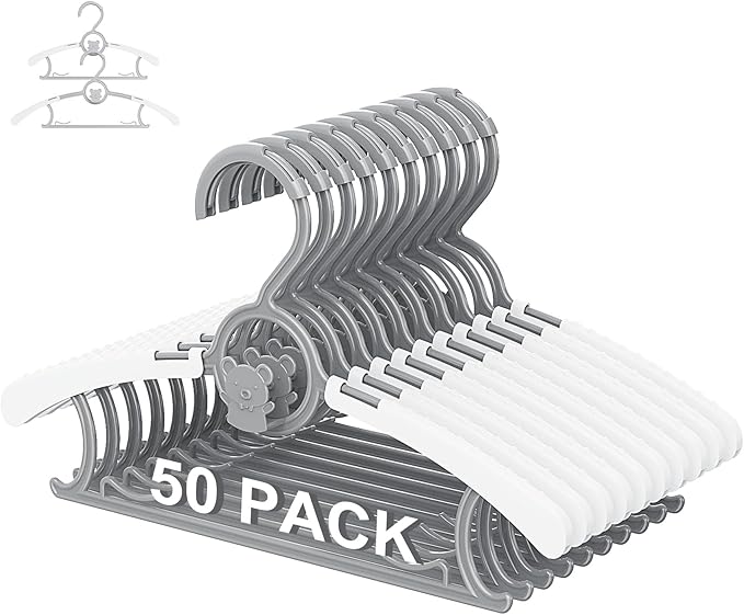 50 Pack Baby Hangers for Nursery Closet, 11-14.5" Extendable Adjustable Non-Slip Kids Baby Clothes Hangers Toddler Infant Pants Hangers Plastic for Baby Girls Boys Children Newborn Organizer