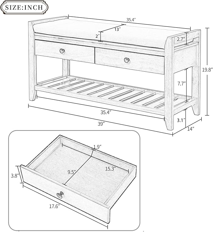 Harper & Bright Designs TREXM Shoe Rack with Cushioned Seat and Drawers, Multipurpose Entryway Storage Bench (Old Pine)