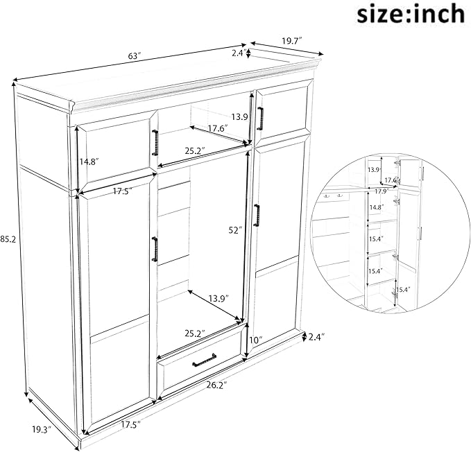 85.2''H Hall Tree with Bench and 3 Hooks, Modern Large Hall Tree with 5 Drawers and Adjustable Shelves, Entryway Storage Organizer Cabinet with 4 Doors for Hallway, Living Room (White/509)