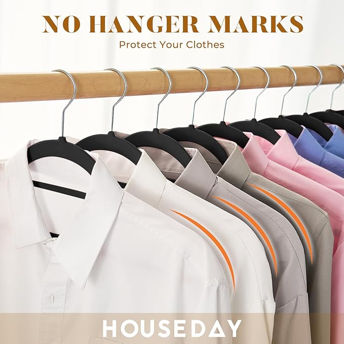 HOUSE DAY Velvet Hangers 20 Pack, Non-Slip Hangers with Tie Bar, Premium Standard Clothes Hanger Slim Felt Hanger 360° Swivel Hook for Closet Organized Storage，Elegance Black 72g/Pc
