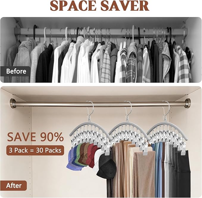 3 Pack Hat Hangers for Closet Display, Metal Hat Organizer for Baseball Caps with 30 Clips, Hats Rack Holder for Closet, Hats Storage for Baseball Caps Beanie Accessories Men Women, Grey