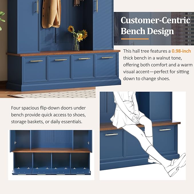 Versatile Hall Tree with Golden Hooks and 2 Doors, 5-in-1 Wood Coat Rack Entryway Shoe Cabinet with Bench& Adjustable Shelves, Functional 59'' Wide Hall Tree for Entrance Hallway