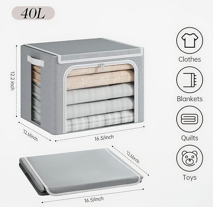 Yecaye Clothes Storage Bins with Metal Frame, Foldable Clothing Storage Bin with Lid, Stackable Oxford Fabric Organizer Box With Clear Window & Zippers & PU Leather Handles (6 Pack,Grey,40L)