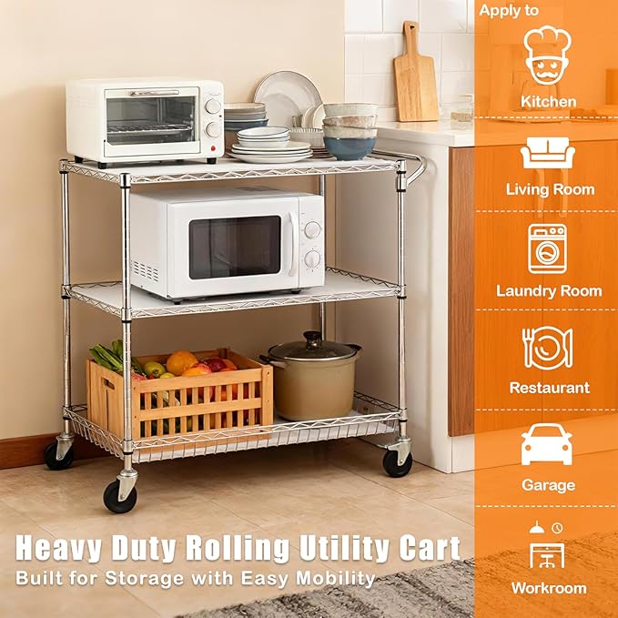 3-Tier Rolling Utility Cart 30" D x 18" W x 35" H Heavy Duty Carbon Steel Storage Cart with Adjustable Shelves PP Panels Locking Casters for Kitchen Bathroom Office