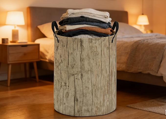 ESSME Kids Laundry Basket,Wood Hamper Collapsible Canvas Waterproof Storage Bin for Boys, Cute Hamper,Gift Baskets(Wood grain)
