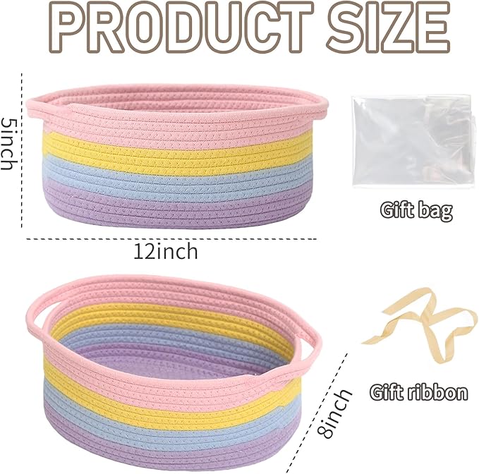 Woven Basket,Small Rope Storage Bin with Handles & Ribbon Bag, Organizer for Shelves Closets,Gift Basket Empty for Birthday,Books,Dog Toys, Rainbow/2 Pack