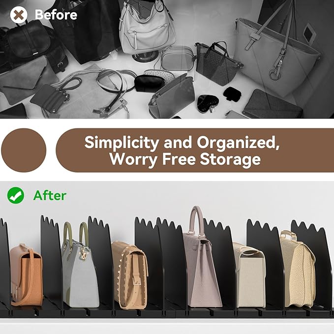 SOYO Adjustable Clear Purse Organizers for Closet, Acrylic Shelf Divider for Bag and Purse Storage, Clear Pocketbook and Handbag Organizer, Bookshelf Separator Organizers for House, Office Use, Black
