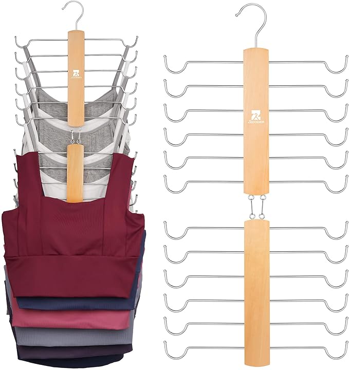 ZEDODIER Tank Top Hanger，2 Pack Wooden Bra Organizer for Closet, Maximum 12 Storage Capacity, Top 360° Rotation, Hanging Space Saving Hook for Tank Tops, Sport Bras, Camisoles, Lingeries