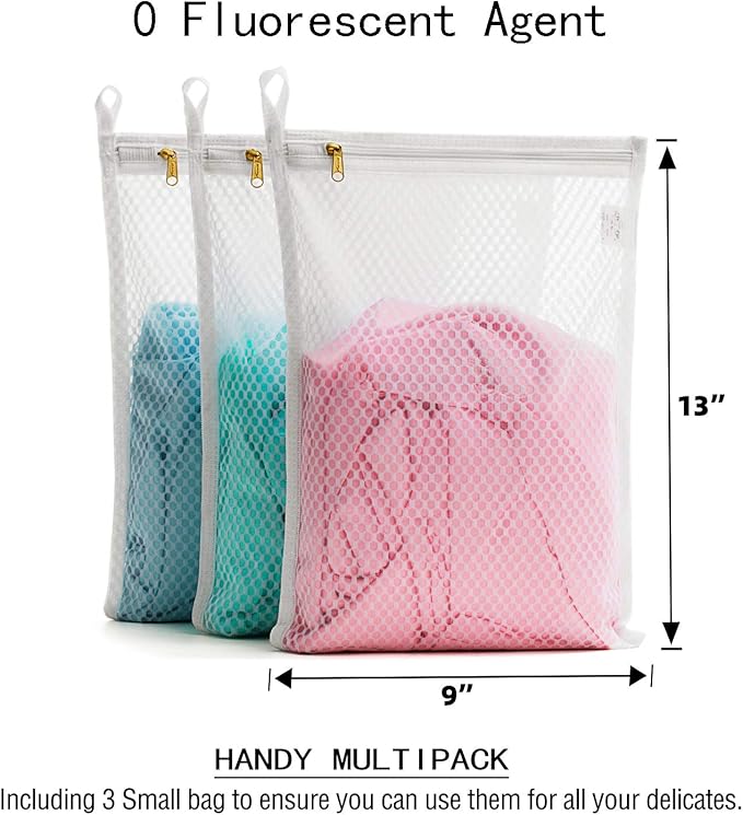TENRAI 3 Pack (3 S) Delicates Laundry Bags, Socks Fine Mesh Wash Bag for Underwear, Lingerie, Bra, Boxer, Use YKK Zipper, Have Hanger Loops Small Openings (S Grade, QS)