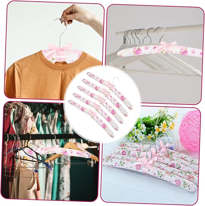5-Pack Soft Padded Clothes Hangers with Anti-Slip Floral Fabric Cover and Sponge Core for Gentle Support of Sweaters Dresses and Suits Closet Organization