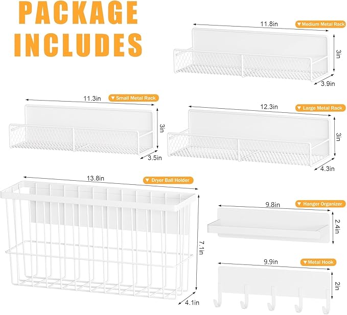 6 Pack Magnetic Shelves for Washing Machine, Magnetic Spice Rack Organizer for Refrigerator, Magnetic Shelf with Hanger Organizer, Metal Magnetic Basket, Laundry Organization and Storage, White