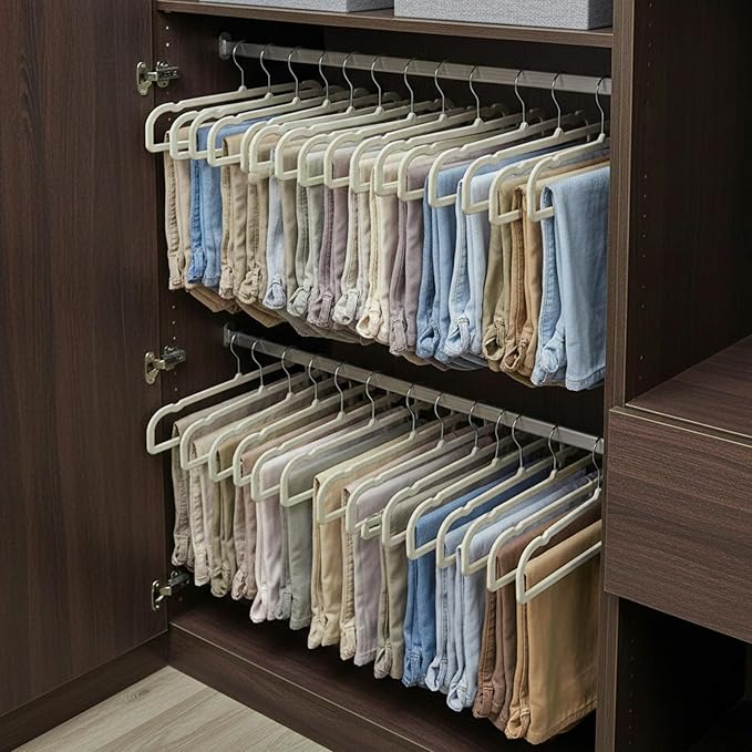 Velvet Pants Hangers Non Slip 20 Pack Beige Velvet Pant Hangers, Plastic Rectangular Slim Velvets Hanger with 10 Hooks for Jean, Bra, Shorts
