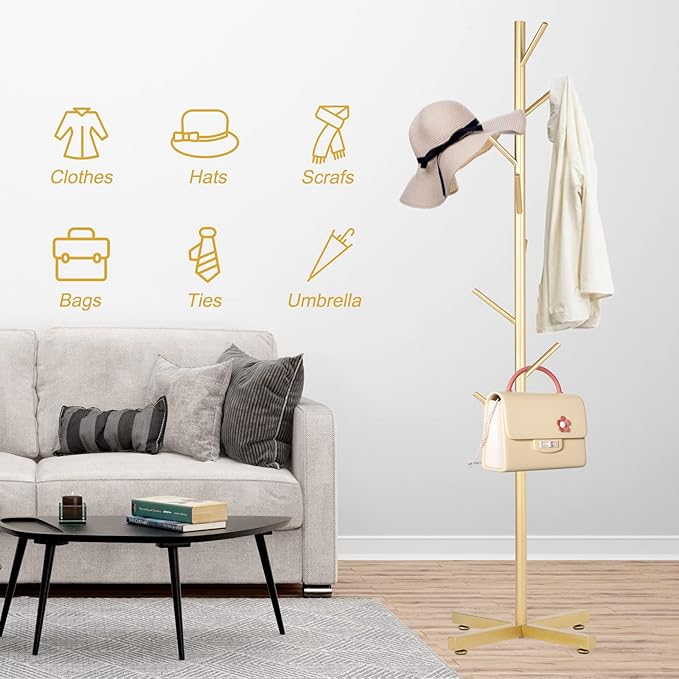 Metal Coat Rack, Modern Coat Rack Freestanding, Sturdy Coat Tree Stand with Cross Base, Golden Coat Racks Hall Tree for Clothes Jacket Hat Bag Entryway