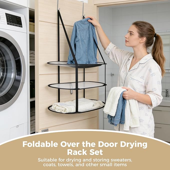ZALIR 2 Pcs Over The Door Mesh Sweater Drying Rack Set - 3 Tier Lay Flat Sweater Drying Rack, Black Foldable Lay Flat Laundry Hanging Mesh Dryer with Door Hooks for Apartments, Dorms, Bathrooms