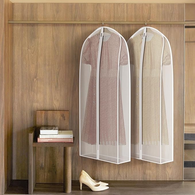 Zilink Breathable Garment Bags for Fur Coat 50” Suit Bags for Closet Storage Silky Suit Dust Covers for Hanging Clothes with 7" Gussted Wrinkle Free for Leather Clothing, Fur Coat, White, Set of 4