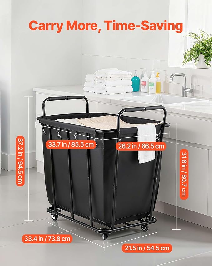 VEVOR Laundry Cart, Rolling Grocery Utility Cart with Waterproof Liner & Swivel Wheels, 260 LBS Large Load Capacity, Heavy Duty Shopping Basket for Laundry, Shopping, Camping, Grocery, Luggage, Black