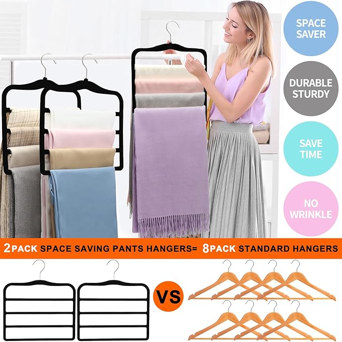 Closet Organizers and Storage,2 Pack Pants Hangers Space Saving,Velvet Hangers, Dorm Room Essentials for College Students Girls Boys Guys,Non Slip Organization and Storage Scarf Jeans Hangers