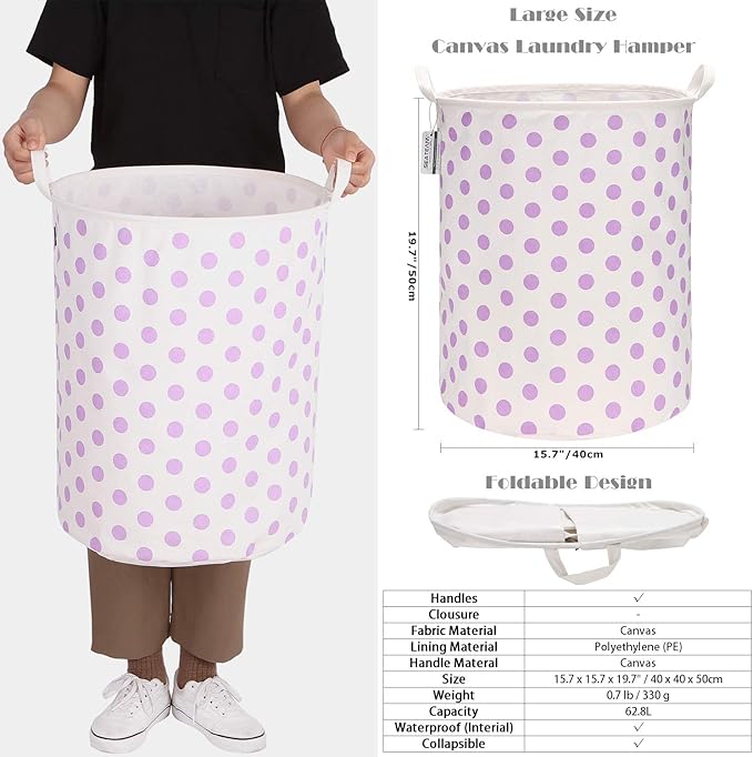 Sea Team 19.7 Inches Large Sized Waterproof Coating Ramie Cotton Fabric Folding Laundry Hamper Bucket Cylindric Burlap Canvas Storage Basket with Stylish Polka Dot Design (19.7", Purple)