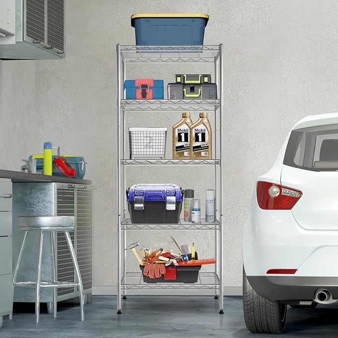 Storage Shelves Heavy Duty Metal Shelving Unit with Leveling Feet, 5 Tier Adjustable Garage Storage Rack, 750 LBS, Utility Metal Shelves for Pantry Kitchen Office (Chrome, 24" L x 14" W x60" H)