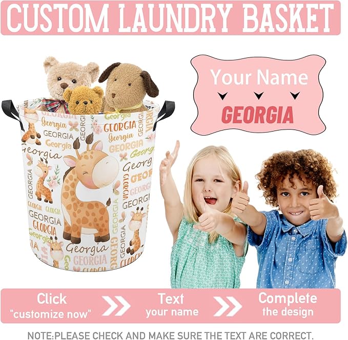 Giraffe Laundry Basket,Personalized Laundry Hamper for Boys Girls,Custom Laundry Basket With Name, Customized Dirty Clothes Hamper for Bathroom Bedrooms,M-19.5"X 15.7"