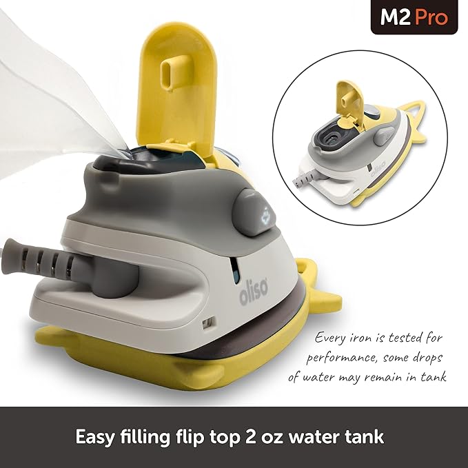 oliso M2Pro Mini Steam Iron with Solemate® – 1000 Watt Dual Voltage Travel Iron for Sewing, Quilting, and Crafting – Ceramic Soleplate, Precision Tip – Butterscotch