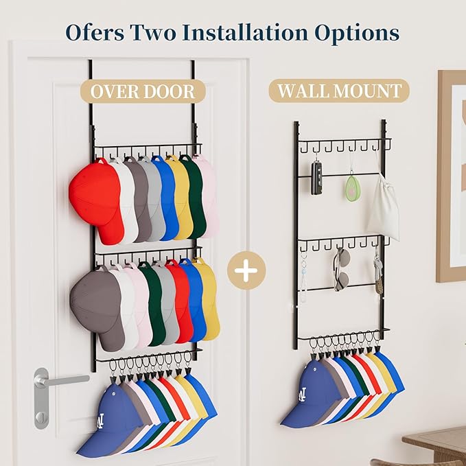 Consumest Over Door Hat Organizer - 3 Tier Wall Mounted Hat Rack with 16 Hooks and 10 Movable Clips, Hanging Baseball Cap Storage Holds up to 26 Caps for Door, Bedroom, Closet USPTO Patent Pending