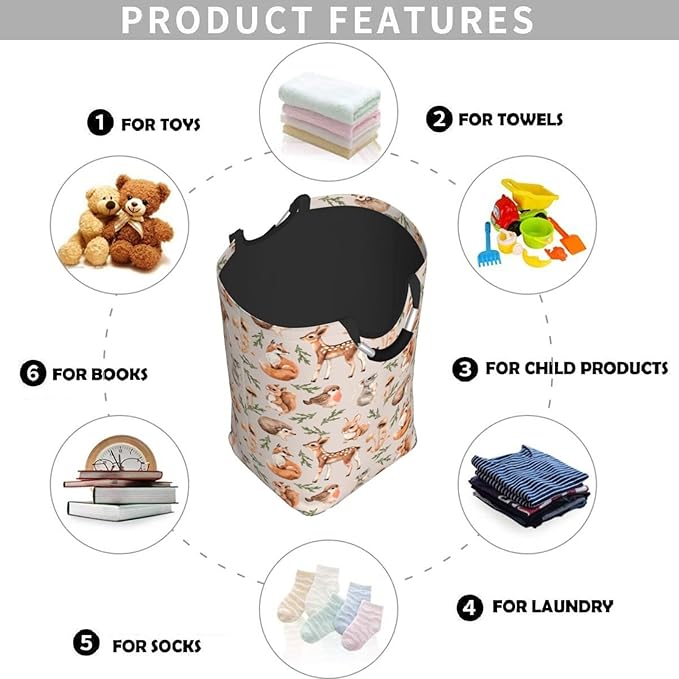 Forest Little Animals Laundry Hamper Deer Squirrel Fox Hedgehog Bird Storage Basket Toys Clothes Organizer Bin For Home Bathroom Bedroom Dorm Nursery, 52l