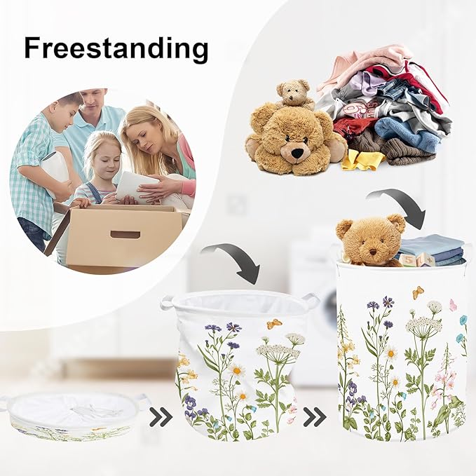 Colourful Flowers Laundry Hamper Large Storage Basket Floral Collapsible Adult Organizer Kids Clothes Toys Bins for Bedroom, Bathroom, Butterfly, 63L