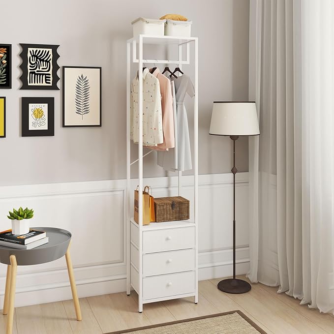 YMYNY Coat Racks, Clothes Rack with Drawers, Freestanding Tall Closet Organizer with 3 Fabric Drawers, Clothes Stand for Hanging Shirts, Coat,15.35" L×11.41" W×70.47" H, White UHGR001W