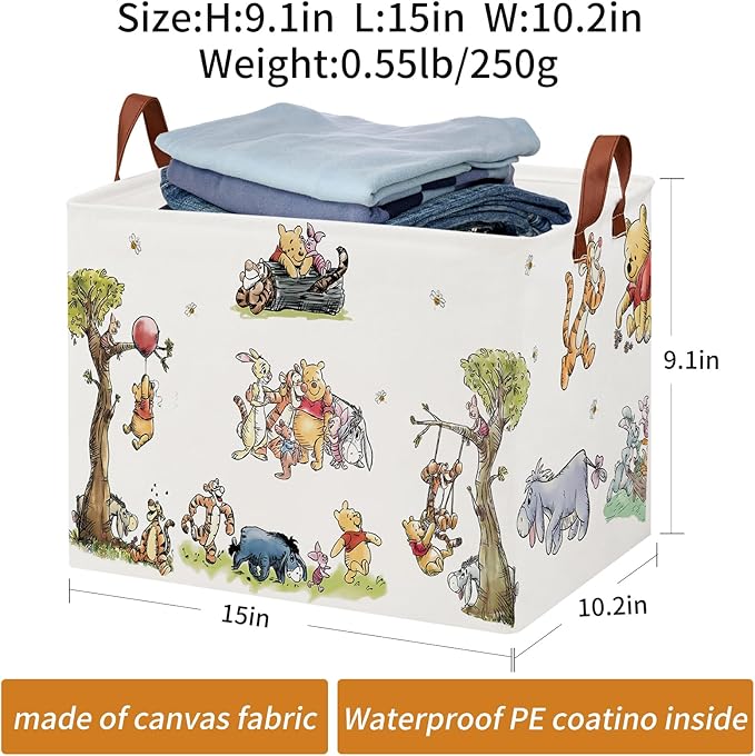 Cute Bear Nursery Storage Basket With Hard Bottom,Classic Bear Decorative Storage Hamper With Waterproof PE Coating,Large Square Canvas Cotton Laundry Bin for Baby Stuff,Diaper Bag