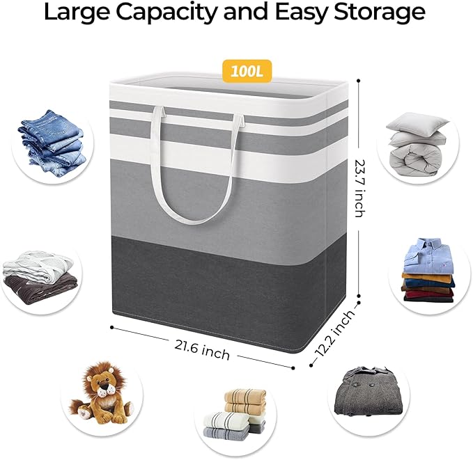 HomeHacks 4-Pack Large Laundry Basket, Waterproof, Freestanding Laundry Hamper, Collapsible Tall Clothes Hamper with Extended Handles for Clothes in The Dorm and Family-(Gradient Grey, 100L)