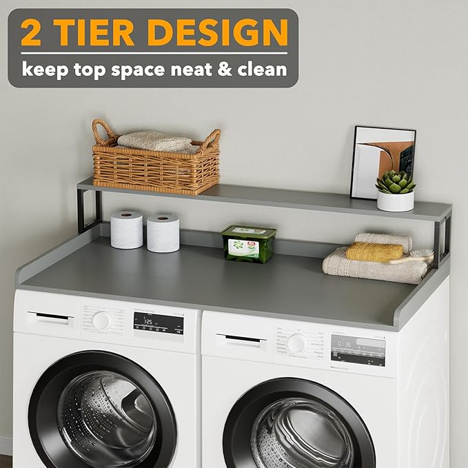 SpaceAid 2-Tier Washer Dryer Countertop, Laundry Topper with Rack Shelf 54" Width x 27.5" Depth x 10" Height Organizer Cover for Washer and Dryer Laundry Hamper Counter Storage (Gray)
