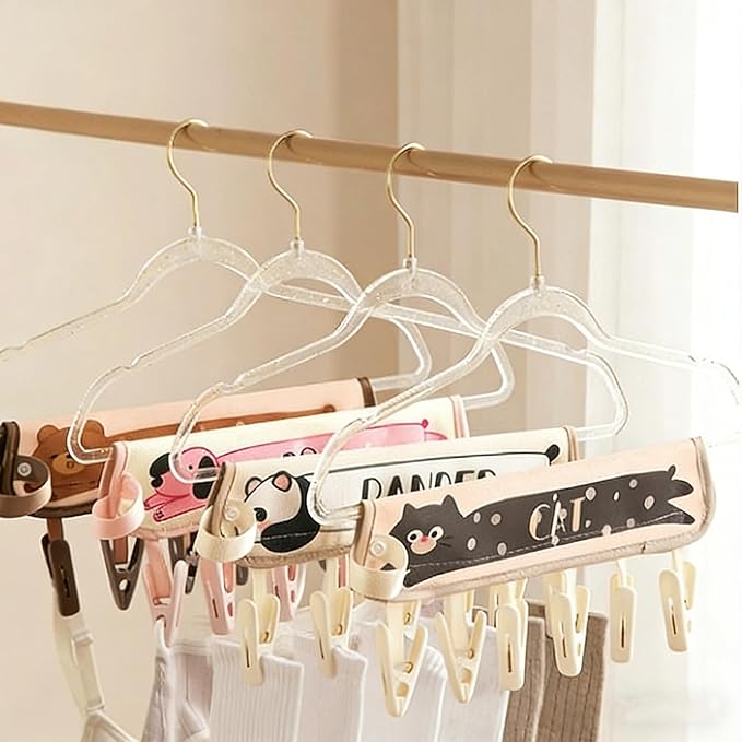 FOLAI 4-Pack Portable Fabric Products Travel Hangers Foldable Suitcase Clothespin Small Clothes pin Rack with 6 Clips（Animal-Themed）