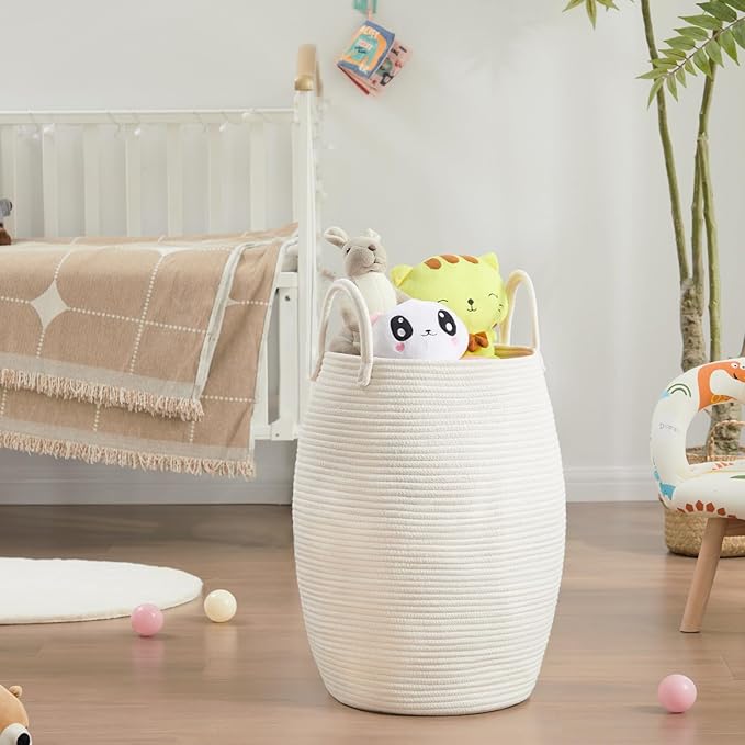 Fiona's magic Cotton Rope Laundry Hamper Basket, 65L Woven Large Laundry Basket, Tall Dirty Clothes Hamper for Storage Blankets, Toys in Bedroom, Living Room Organizing-Collapsible-Beige