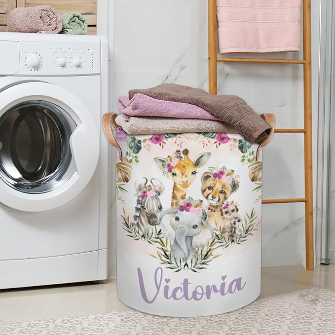 Personalized Laundry Basket, Custom Gift Laundry Hamper, Collapsible Nursery Waterproof Laundry Baskets, Dirty Clothes Toy Hamper with Handles Boho Jungle Animals
