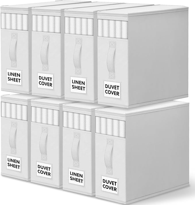 WOWBOX Sheet Organizers and Storage,Closet Bed Sheet Organizer Under Bed Storage and Organization with Label Cards & Clear Window for Bedding Sheets,Duvet Covers,Blankets (8 Pack，White)