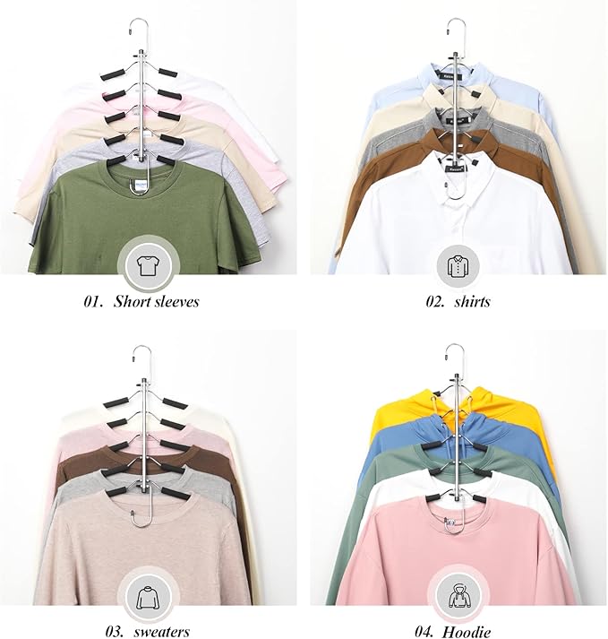 Space Saving Clothes Hangers – 5-in-1 Shirt & Coat Hangers with Non-Slip Foam, Stainless Steel Tiered Closet Organizer for Sweatshirts, Hoodies, Sweaters, T-Shirts – 4 Pack by ZNBEN