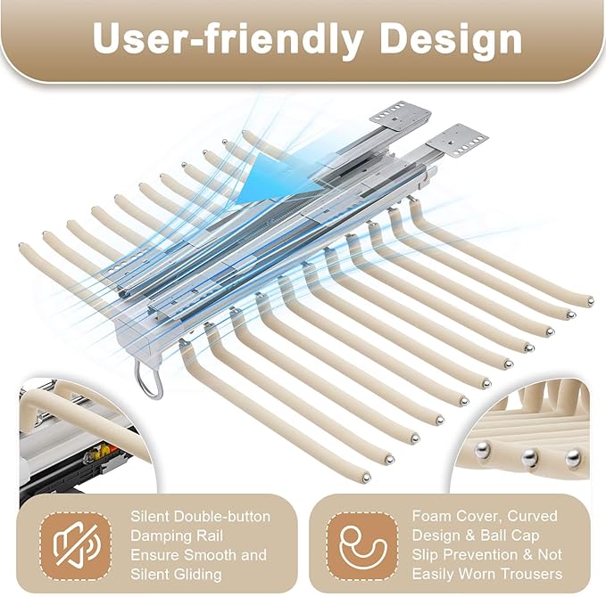 Pull Out Trousers Rack 22 Arms Closet Pants Hanger Bar Stainless Steel Hanger Rail Extendable Trousers for Clothes Towel Scarf Trousers Tie 18x23in (Beige, 22 Arms)