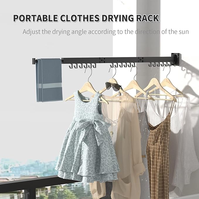 ptlsy Wall Mounted Portable Folding Clothes Drying Rack with Hooks,Space Saver Clothes Hangers Design Universal for Balcony, Mudroom, Bedroom, Kitchen, Foldable Laundry Rack (3-Pole Black)
