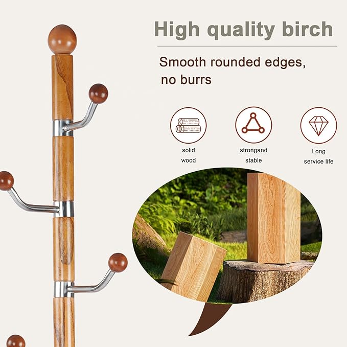 Wooden coat rack stand, Heavy duty coat racks tree freestanding with 6 Hooks and Sturdy Metal Base, Coat tree for jacket,Hats, Bags, Purses, clothes (Round base-Natural)