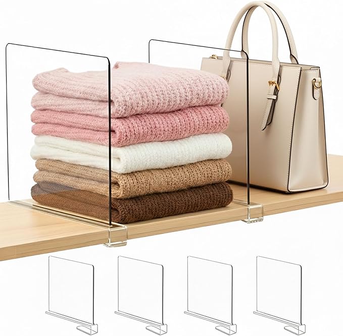 Purse Organizer for Closet Shelf Dividers: 11-inch Tall (Higher Version) Adjustable Clear Acrylic Bag Storage Organizer for Handbags, Sweaters, Towels, Jeans and Shoes on Wood Shelves 4-Pack