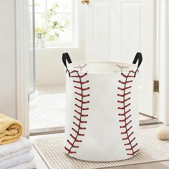 ESSME Kids Laundry Basket,Baseball Hamper Collapsible Canvas Waterproof Storage Bin for Boys, Cute Hamper,Gift Baskets(Baseball)