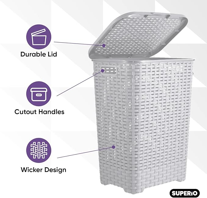 Plastic Laundry Hamper with Lid Laundry Hamper Basket, White Smoke 2 Pack Tall Cloths Hamper Organizer with Cut-out Handles. Space Saving for Laundry Room Bedroom Bathroom, Wicker Design 60 Liter
