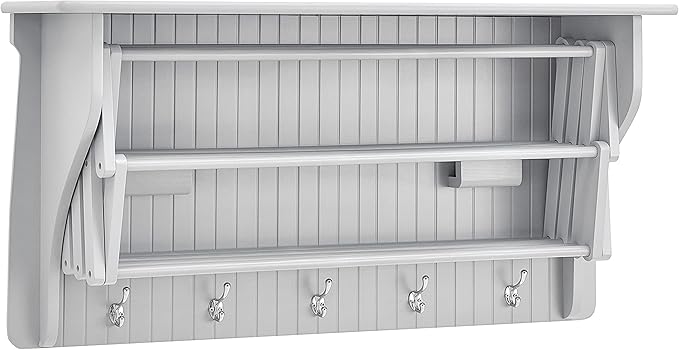 Danya B Accordion Clothes Drying Rack, Retractable, Wall Mounted Towel Rack and Hooks for Clothes and Towels for use in Laundry Room or Garage (White)